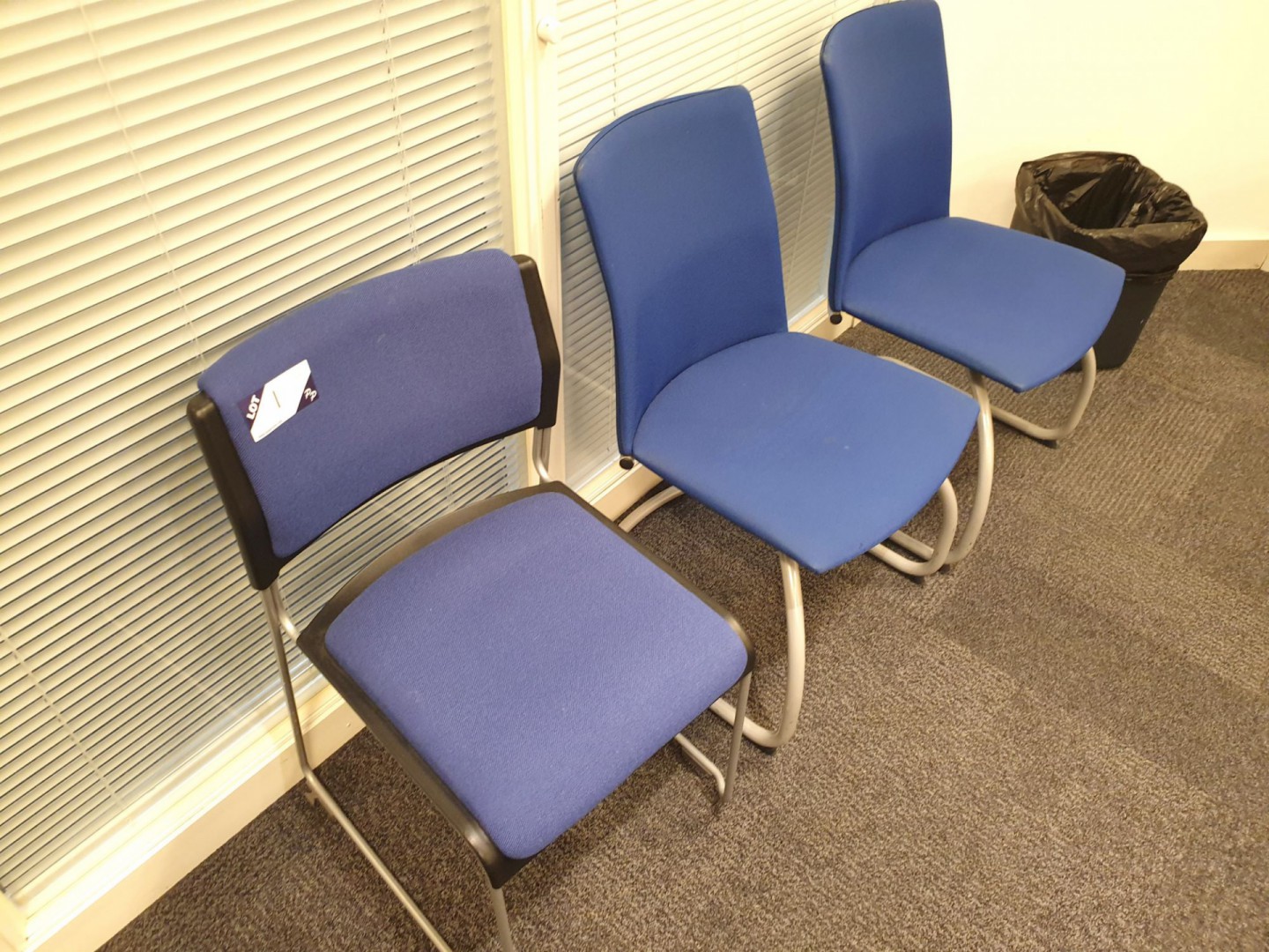 3x various metal frame blue upholstered chairs