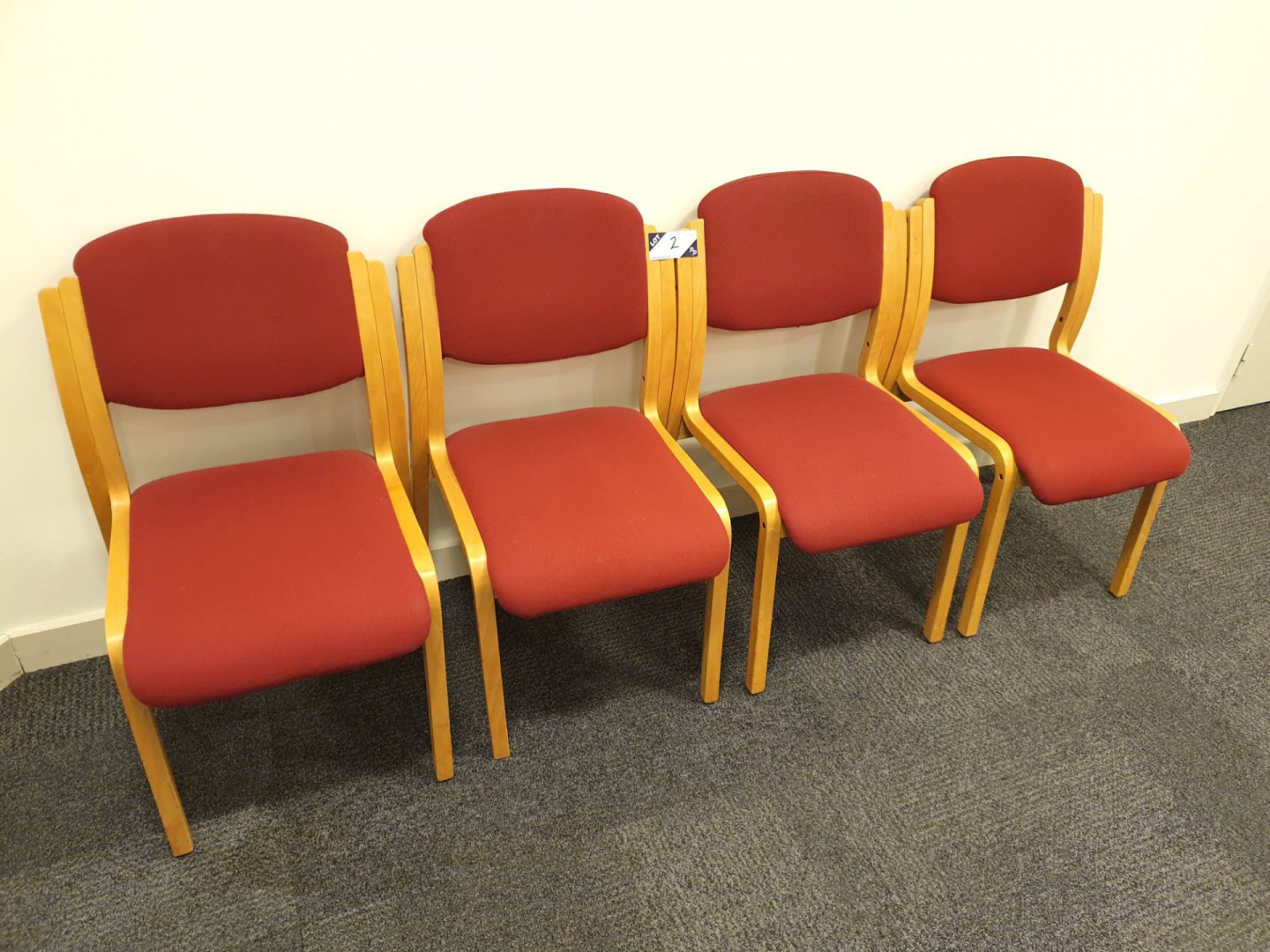 4x wooden frame red upholstered chairs