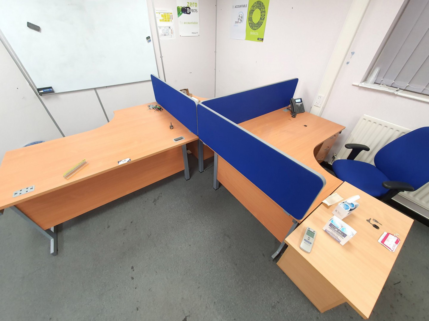 3x L-shape desks with 1x pedestal, 1x chair & 2x v...