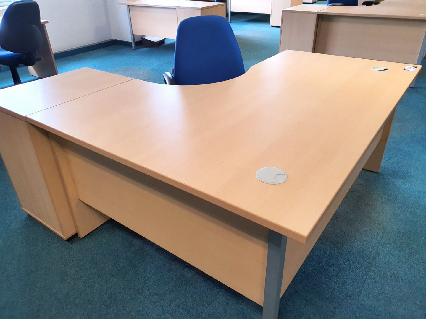 3x L-shape beech effect desks with pedestal filing...