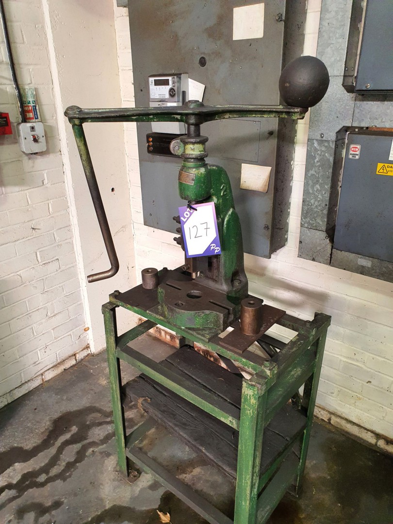 J E Edwards 2 flypress on metal stand, 2 1/2" thro...