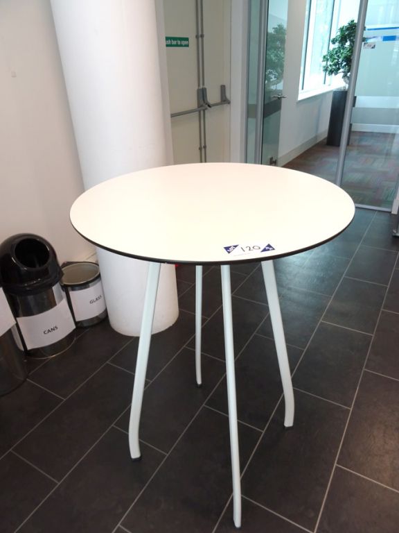 2x Ahrend 800mm dia white metal framed high tables