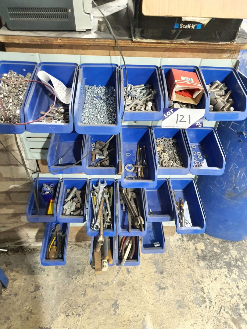 Plastic bin rack inc: various nuts, screws, spanne...