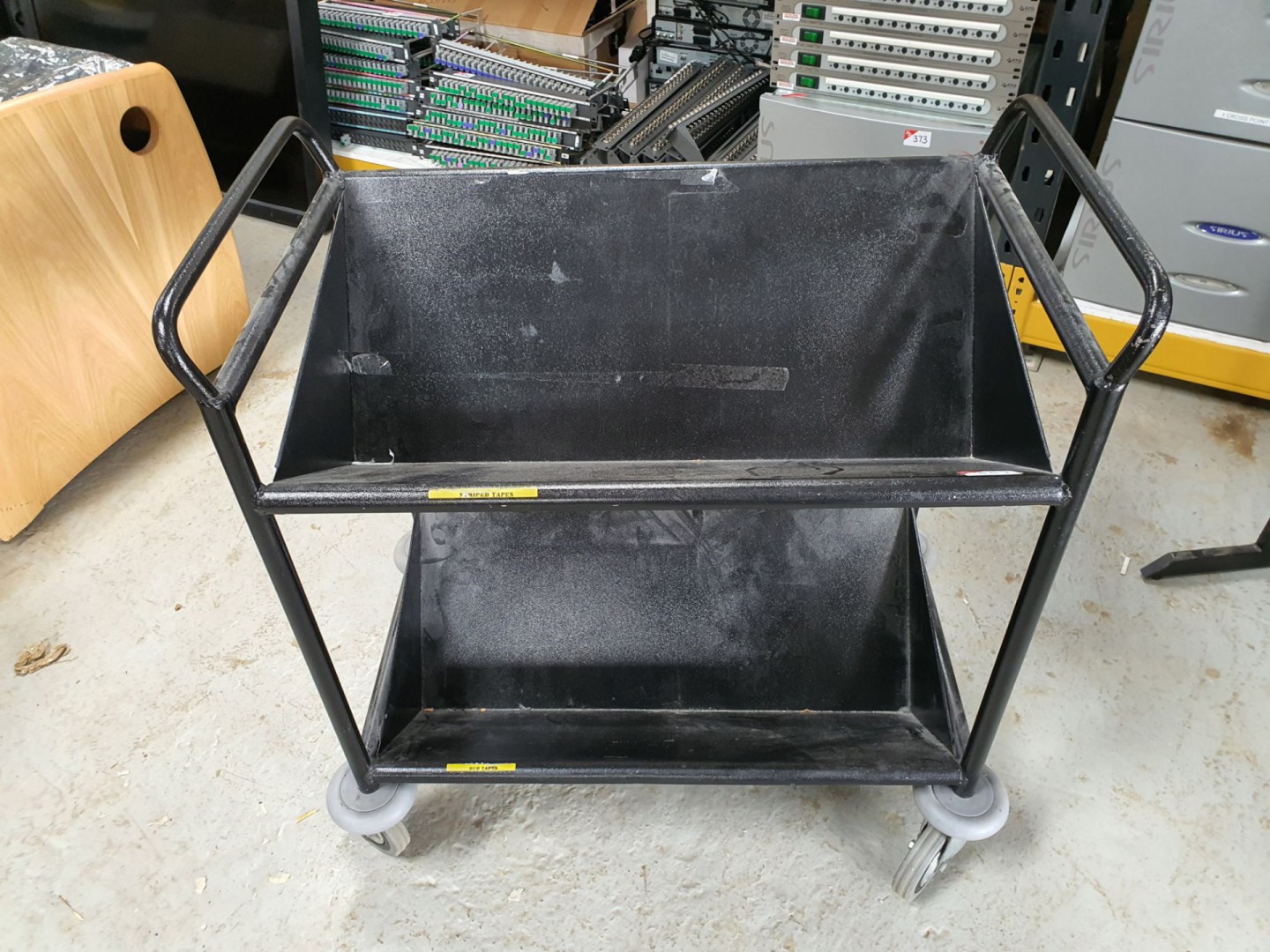 Black mobile 2 tier tape storage trolley