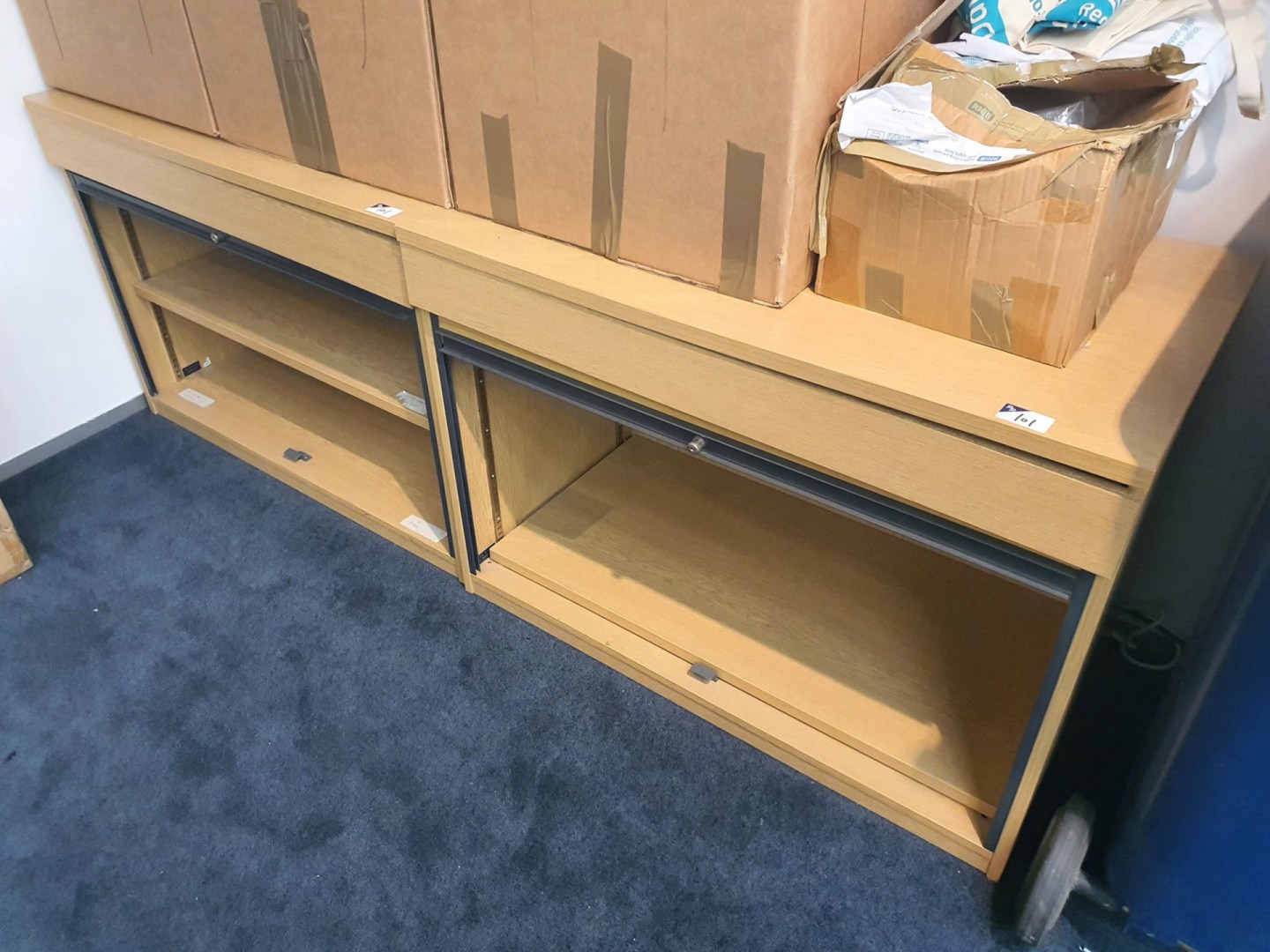 3x light oak effect sliding door storage cupboards...